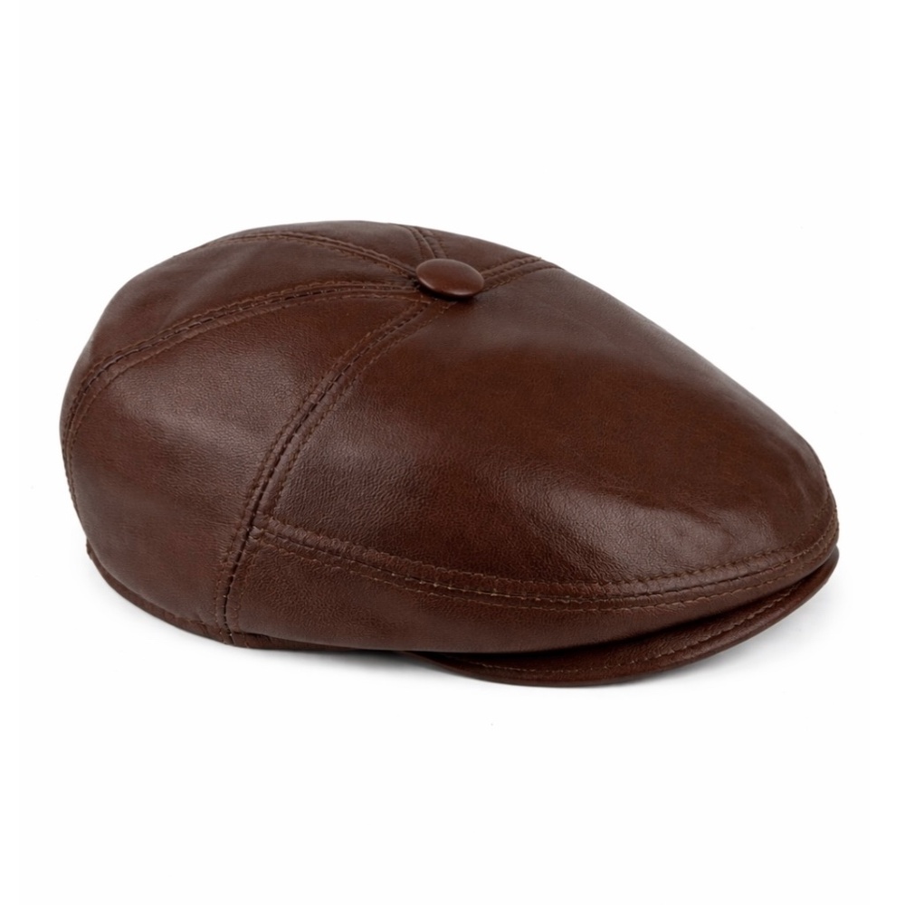 Brown Leather Ivy Cap Men's Newsboy Hat Cabbie Beret Real Leather Hat